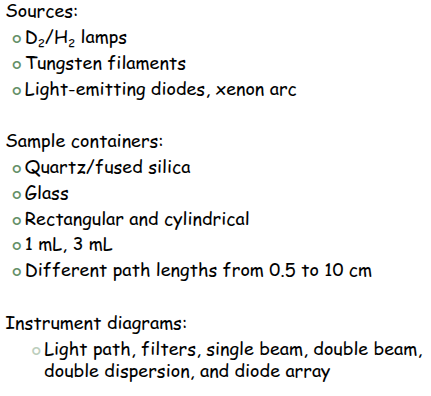<ul><li><p>sources</p></li><li><p>sample continers</p></li><li><p>Instrument diagrams</p></li></ul><p></p>
