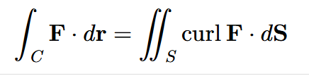 <p><span>relates the flux integral over a surface </span><em>S</em><span> to a line integral around the boundary </span><em>C</em><span> of the surface </span><em>S</em></p>