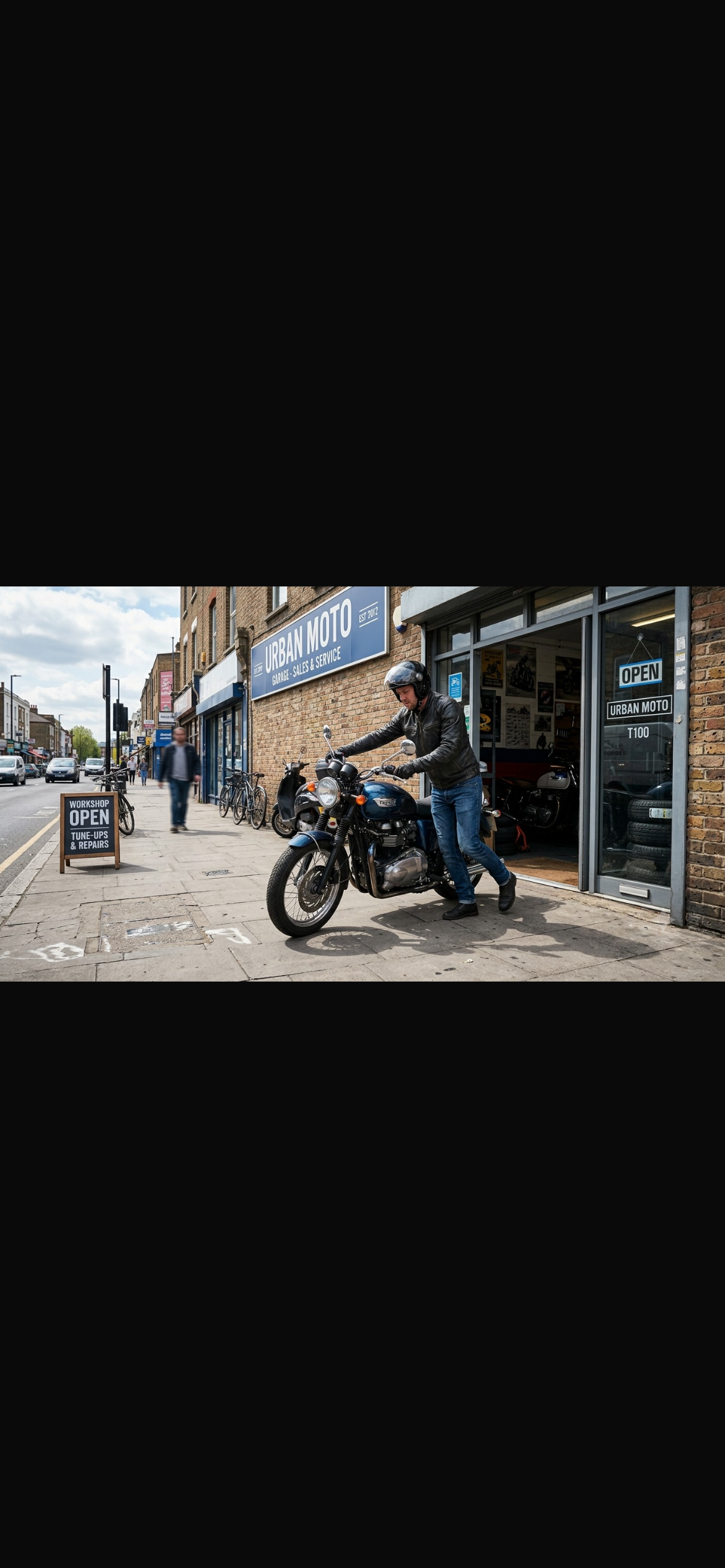 <p>I wheel my motorcycle out and park it outside</p>