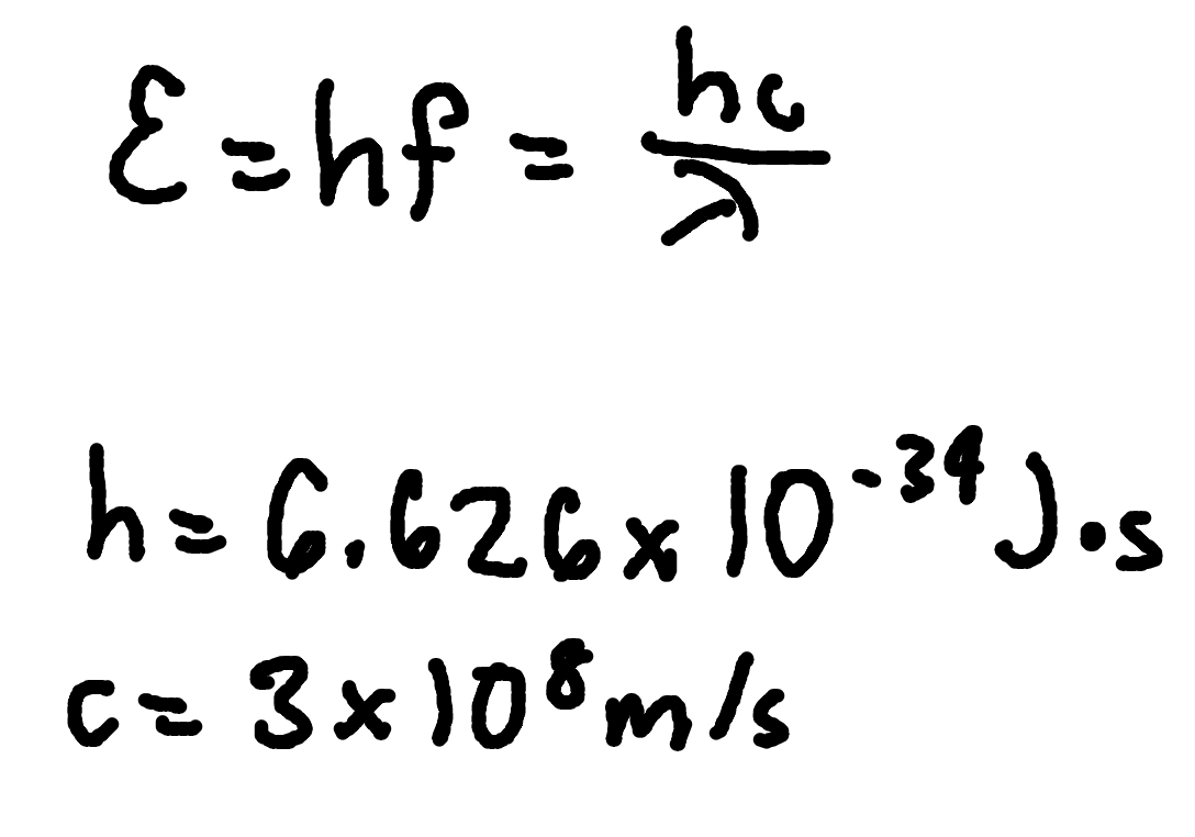 <p>where</p><p>E = Photon Energy</p><p>h = Planck’s Constant (6.626 × 10^-34 J x s) </p><p>f = frequency</p><p>c = speed of light (3 × 10^8 m/s) </p><p>lambda = wavelength </p>