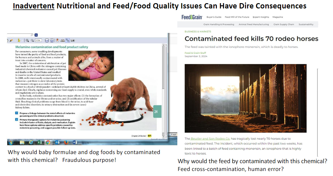 <p><strong>Food Product Safety</strong></p><ul><li><p><strong>Melamine contamination</strong> → serious <strong>food safety</strong> issue</p></li><li><p><strong>Baby formula + dog food</strong> → contaminated with <strong>melamine</strong></p></li><li><p><strong>Fraudulent purpose</strong> → melamine was added for <strong>economic gain</strong></p></li><li><p><strong>Contaminated feed</strong> → killed <strong>70 rodeo horses</strong></p></li></ul><p><strong>How Contamination Occurs</strong></p><ul><li><p><strong>Feed cross-contamination</strong></p></li><li><p><strong>Human error</strong></p></li></ul><p></p>