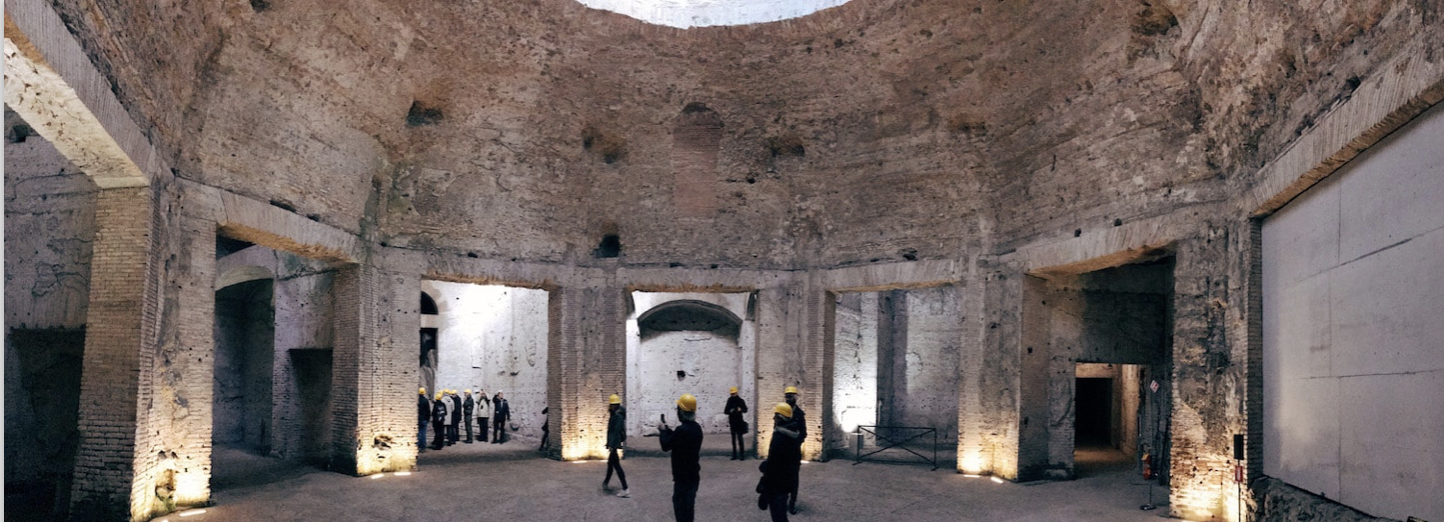 <p>Nero's Golden House, built around 64-68 CE, noted for its luxurious features, including fields, lakes, and innovative architecture. /// —- <span>Octagonal dining room,, concrete</span></p>