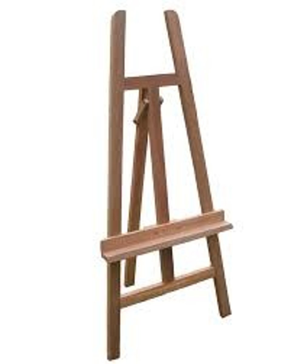 <p>an upright tripod for displaying something (usually an artist's canvas)</p>