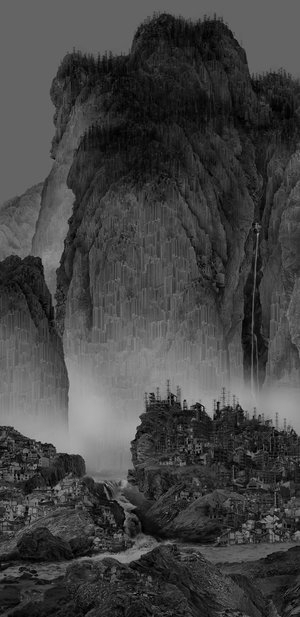 <p>From Yan’s website: “In Artificial Wonderland II (2014), there are digital replicas of two Song Dynasty master paintings, namely Travelers Among Mountains and Steams (Fan Kuan) and Wintery Forest in the Snow (anonymous). . . . The 2014 series marks a step forward in terms of digital technique--the piece is larger than ever and enriched with tremendous detail images. Also, Yang constructed natural mountain rocks into the signature artificial landscape for the first time. Images of the mountain rocks are mostly taken in Iceland and Norway.”</p>