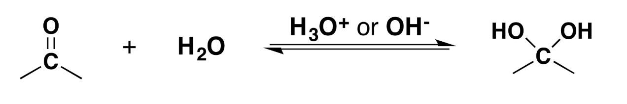 <p>When mixing a carbonyl group with water and an acid or base, the carbonyl will turn into a acetal (2 -OH groups where the =O once was).</p><p>Reagents: H2O, H3O+ or OH-</p>