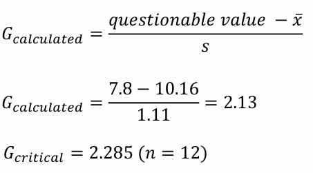 <p>G<sub>calculated</sub> < G<sub>critical </sub>the questionable point should be retained </p><p>There is more than 5% chance that the value 7.8 is a member of the same population as the other measurements.</p><p>Lecture 9 Slides 76-77</p>