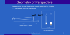 <p>Geometry in Perspective</p><p>Two pencils are separated by 1m. The nearest pencil is at 4m. This is the station point. </p><p>What is the size ratio of the 2 pencils?</p>