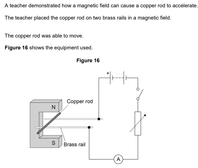 <p>2021: The teacher closes the switch and the copper rod accelerates. <br>Explain how Flemingās left-hand rule can be used to predict the direction in which the copper rod will move (5)</p>