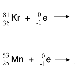<p>Complete these β capture reactions (an e<sup>- </sup>from the orbitals is absorbed into a n<sup>o</sup>):</p>