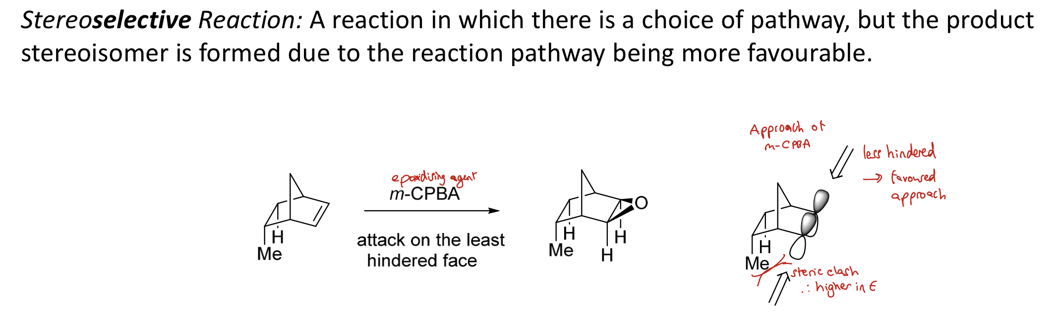 <p><span>A reaction in which there is a choice of pathway but the product stereoisomer is formed due to the reaction pathway being more favourable</span></p><p><span>e.g. epoxidising agent attacking on the least hindered face</span></p>