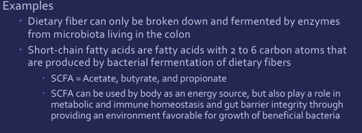 <p>support the enteric microbiota and typically are substances that are fermented in the colon </p><p>these must selectively stimulate growth and/or activity of one or a small number of health-promoting bacteria species residing in the colon, with consequent benefit to the host </p>