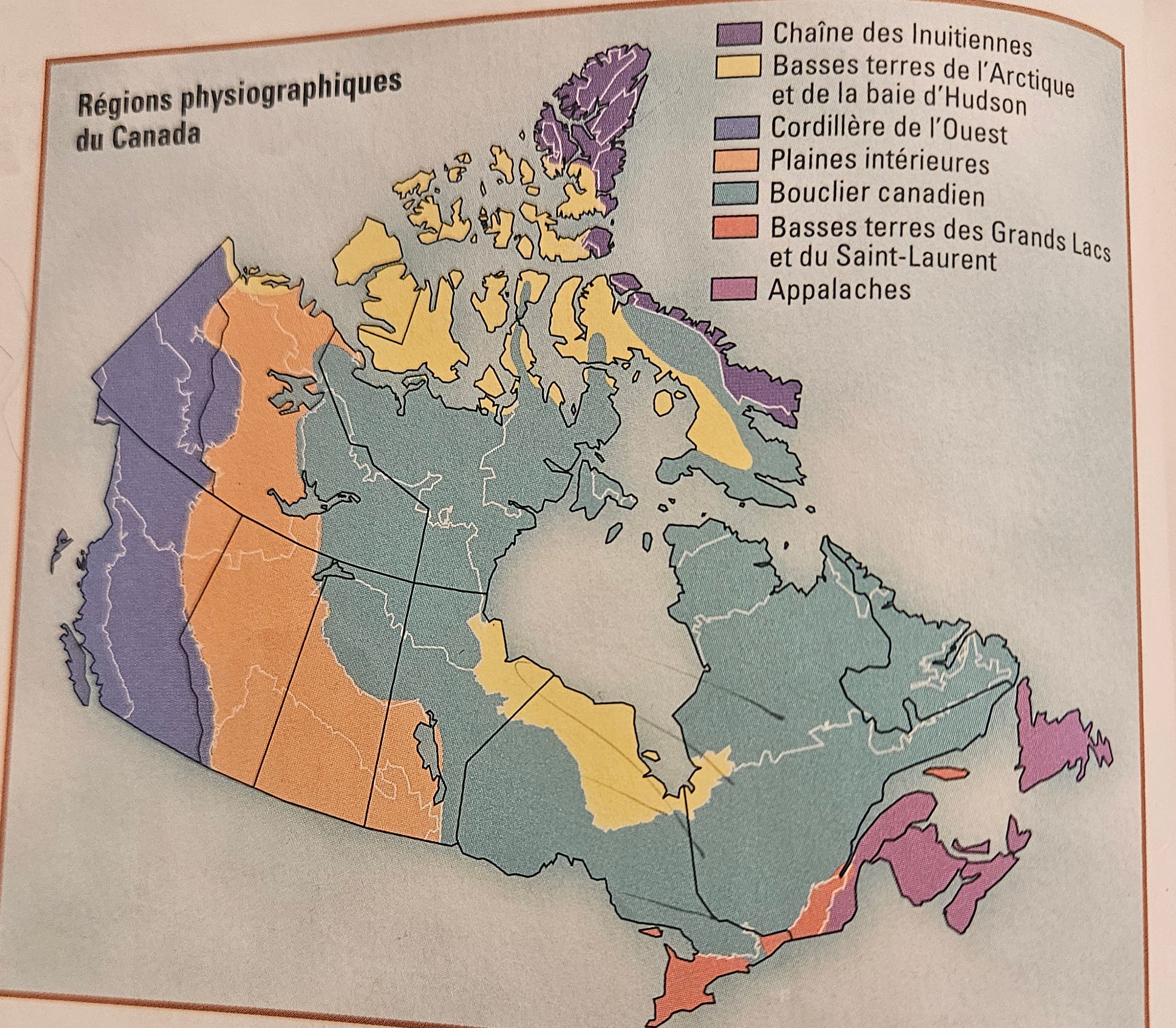 <p>Bouclier canadian, Appalaches, Cordilleres de l'ouest, Plaines interieures, Basses-terres de l'hudson et l'arctique, Basses-terres du saint laurent et grand lacs, Chaine inuitienne</p>