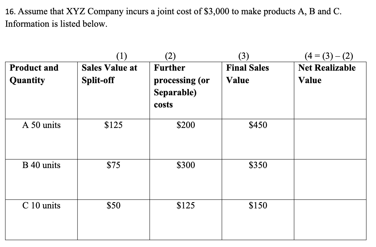 <p>Allocate the joint costs using the Sales Value at Split off method.</p><p>a. Product A: $1,500; Product B: $600; Product C: $900 </p><p>b. Product A: $1,500; Product B: $900; Product C: $600 </p><p>c. Product A: $1,200; Product B: $900; Product C: $900 </p><p>d. Product A: $900; Product B: $1,500; Product C: $600</p>
