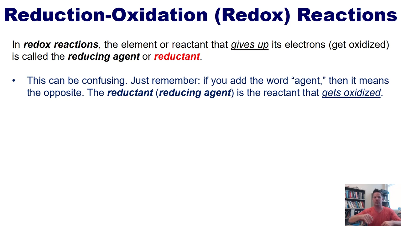 <p>the reactant that gets oxidized</p>