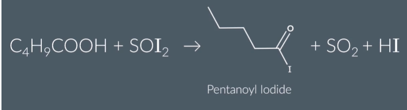<p><span><span>pentanoyl chloride , sulphur dioxide, hydrogen iodide</span></span></p>