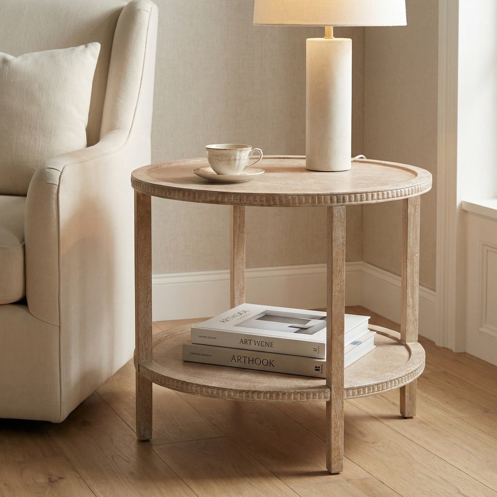 <p>on the end table by the couch</p>