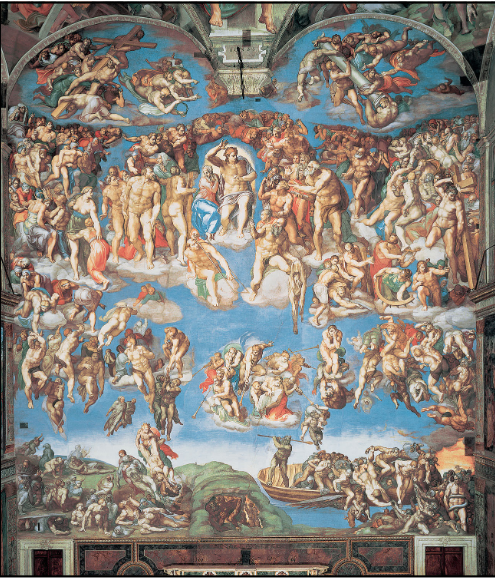<p>Michelangelo,  fresco, altar wall, 1536-41, Sistine Chape. </p><p>Protestant Reformation 1517 Marthin Luther </p><p>Catholic Counter Reformation 1545-1563 council of Trent</p><p>-The fresco comes after Martin Luther challenged the Church in 1517, as Christianity in Europe was divvied and unstable </p><p>-Art became a tool for reinforcing Catholic beliefs, while protestants were mainly in Northan Europe and used the printing press </p><p>-Dozens of muscular, idealized nude figures; Bodies in extreme, complex poses</p><p>-A shift from Renaissance harmony → Mannerist intensity</p><p>-A dramatic exploration of fear, salvation, and human fate</p>