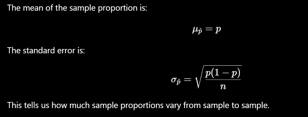 <p>The mean of the sample proportion is <strong>population proportion</strong></p>