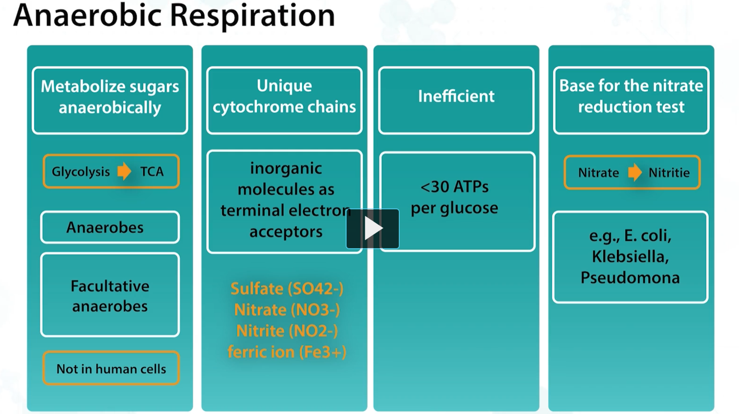<p>anaerobic respiration is used by anerobes and faculating anaerobes to metabolize sugars in the absence of oxygens, and this allows the production of additional ATPs than possible by using only glycolysis, although, less efficiently, with only 30 ATPs vs 38 ATPs formed. </p><p>It uses unique cytochromes and inorganic molecules such as <strong>sulfate</strong>, <strong>nitrate, nitrite</strong>, as terminal electron acceptors. </p>