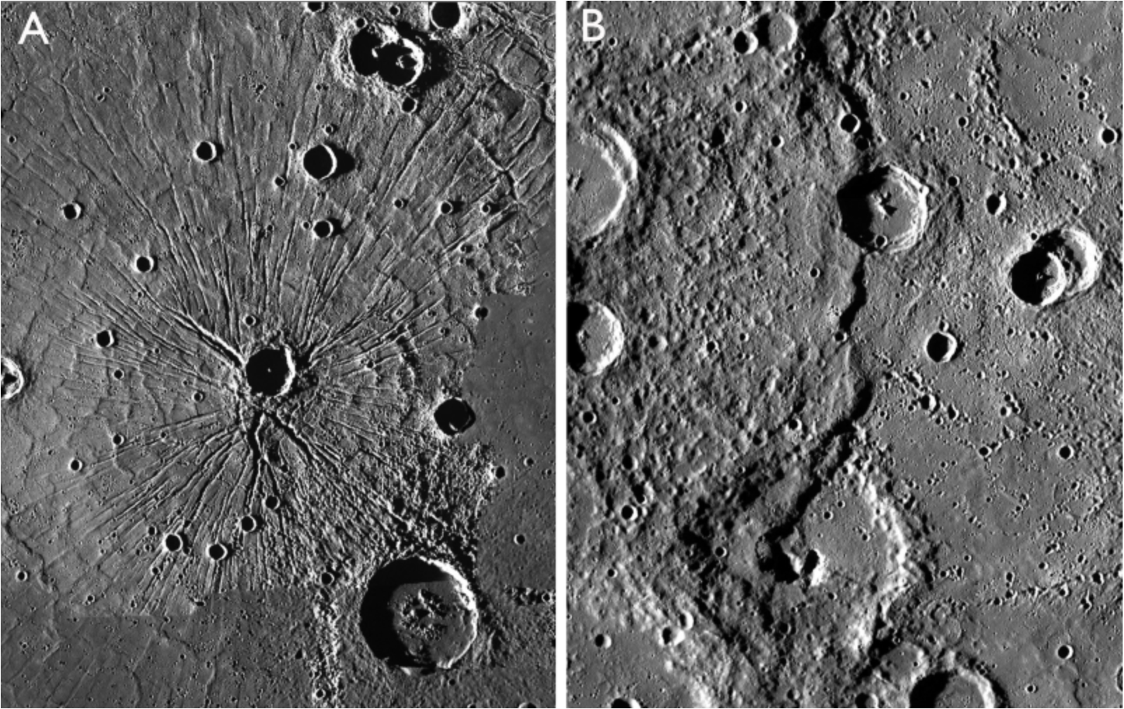 <p><span>Which image shows a feature that formed by contraction of Mercury's surface?</span></p>