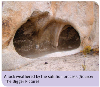 <ul><li><p>Chemical Weathering</p></li><li><p>When the minerals or soluble chemicals in the rock dissolve directly in water</p></li></ul><p></p>