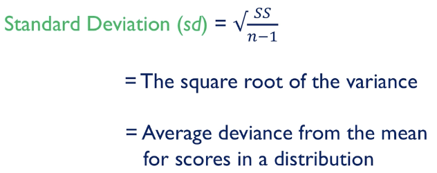 <ol><li><p>sum of squares (deviation scores squared added together) </p></li><li><p>variance </p></li><li><p>standard deviation</p></li></ol><p></p>