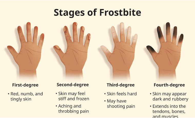 <ul><li><p>Cold, numb skin </p></li></ul><ul><li><p>Tingling or burning sensation </p></li><li><p>White, gray, yellow, or waxy-looking skin </p></li><li><p>Loss of sensation </p></li><li><p>Hard or frozen-feeling tissue</p></li></ul><p></p><p></p>