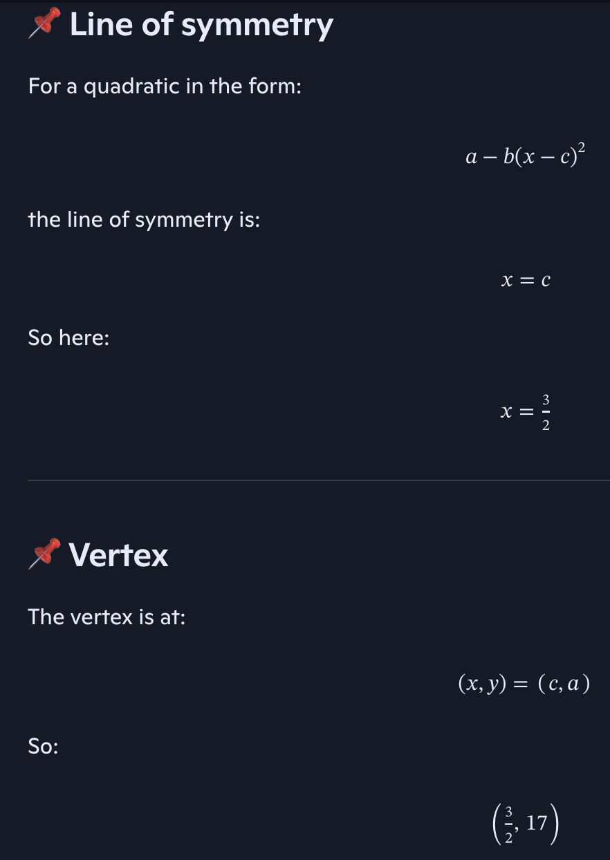 <p>i) (53/4) -5(x-(3/2))²</p><p>ii) x=3/2</p><p>( 3/2 , 53/4 ) </p>