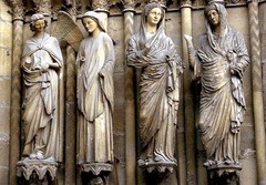 <p>Annunciation and Visitation, jamb west façade, Reims Cathedral, Reims, France, 1230-1255. Gothic.</p>