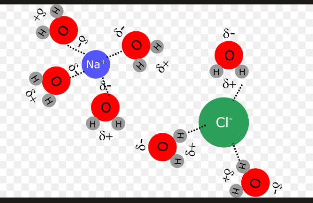 <p>-ions in solution can interact with molecules that have dipoles </p><p>-Ex) salt dissolving in water</p>