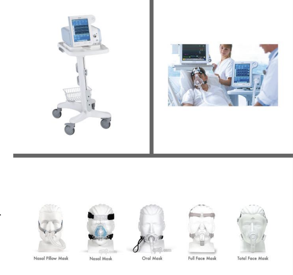 <p>Device</p><p>Purpose: non invasive ventilatory support (mask instead of artificial airway); continuous positive airway (CPAP) or bilevel positive airway pressure (BiPAP)</p>
