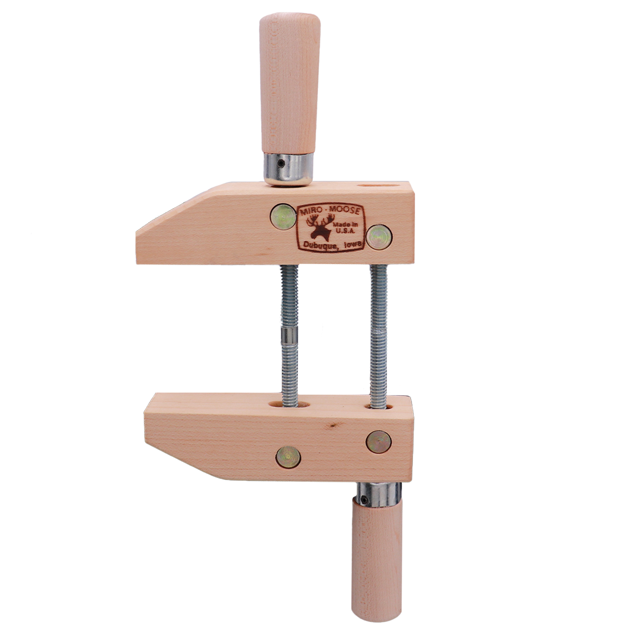 <p>Wooden clamp with opposing threaded handles used to securely hold and align workpieces during woodworking.</p>