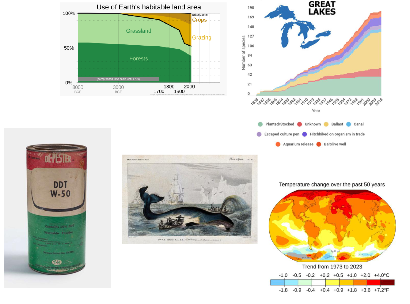 <ul><li><p><span>Habitat loss</span></p><ul><li><p><span>The destruction or conversion of natural environments reduces the space and resources species need to survive. </span></p></li></ul></li><li><p><span>Invasive species</span></p><ul><li><p><span>Non-native species establish and spread, disrupting ecosystems by outcompeting or preying on native species or altering their environment.</span></p></li></ul></li><li><p><span>Climate change</span></p><ul><li><p><span>Shifts in temperature, precipitation, and extreme events alter conditions faster than many species can adapt.</span></p></li></ul></li><li><p><span>Overexploitation</span></p><ul><li><p><span>Species decline when humans harvest, hunt, or fish them faster than they can reproduce.</span></p></li></ul></li><li><p><span>Pollution</span></p><ul><li><p><span>Harmful substances released into air, water, or soil degrade habitats and directly harm organisms.</span></p></li></ul></li></ul><p></p>