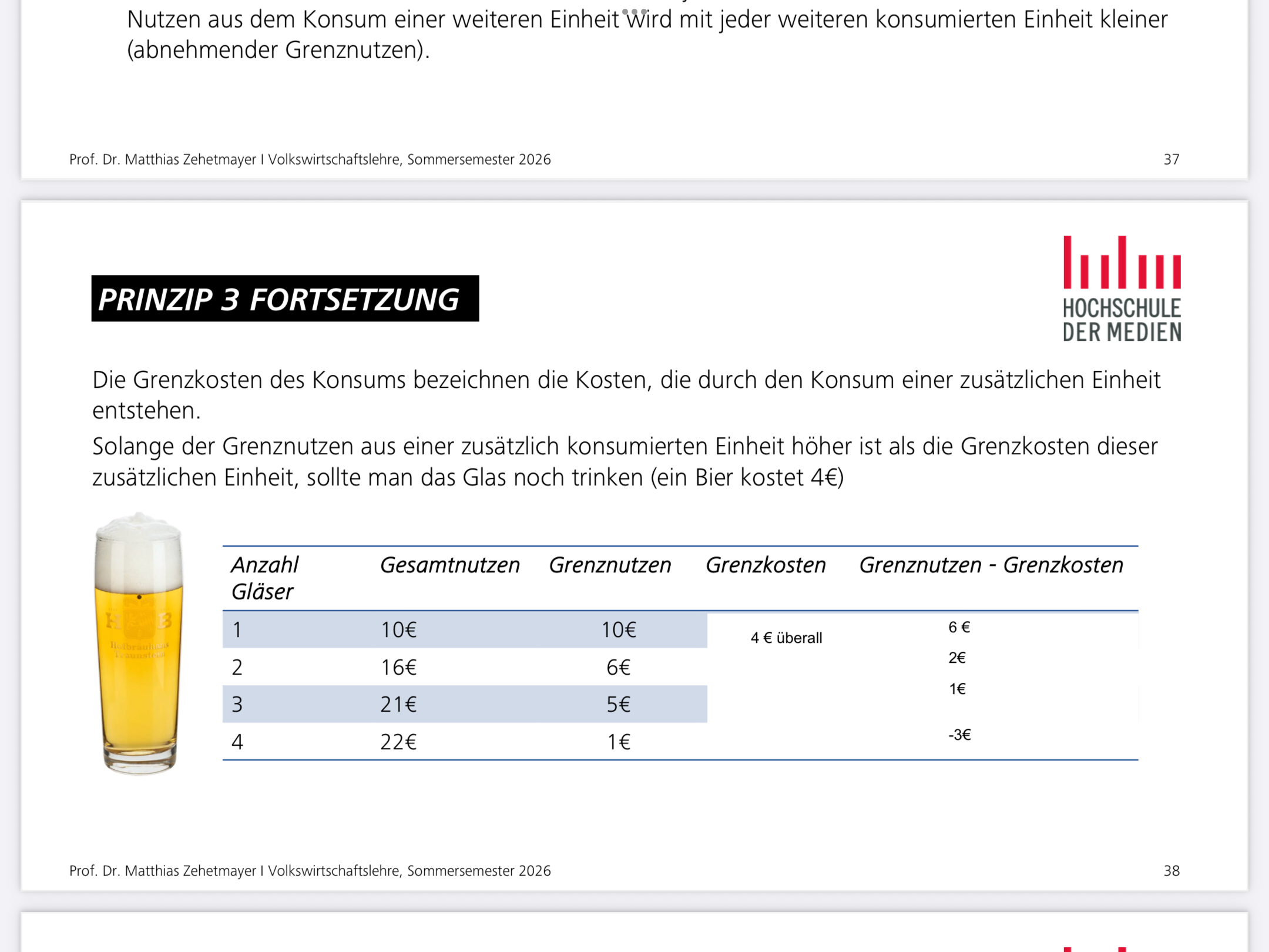 <p><span><span>Gute Frage – das ist ein zentrales Konzept in der Volkswirtschaftslehre </span></span><span data-name="+1" data-type="emoji">👍</span></p><p></p><p></p><p></p><p></p><p><span data-name="brain" data-type="emoji">🧠</span></p><p><span><strong><span>Was ist der Gesamtnutzen?</span></strong></span></p><p></p><p></p><p><span><span>Der Gesamtnutzen ist einfach:</span></span></p><p></p><p><span data-name="point_right" data-type="emoji">👉</span><span><span> Die Summe aller Grenznutzen</span></span></p><p></p><p><span><span>Also:</span></span></p><p><span><span>Du addierst den Nutzen jeder einzelnen konsumierten Einheit (hier: jedes Bier).</span></span></p><p></p><p></p><p></p><p></p><p><span data-name="1234" data-type="emoji">🔢</span></p><p><span><strong><span>An deinem Beispiel erklärt</span></strong></span></p><p></p><p></p><p></p><p><span data-name="beer" data-type="emoji">🍺</span><span><strong><span> 1. Glas</span></strong></span></p><p></p><p></p><ul><li><p><span><span>Grenznutzen: 10 €</span></span></p></li><li><p><span><span>Gesamtnutzen: 10 €</span></span></p></li></ul><p></p><p></p><p></p><p></p><p></p><p><span data-name="beer" data-type="emoji">🍺</span><span><strong><span> 2. Glas</span></strong></span></p><p></p><p></p><ul><li><p><span><span>Grenznutzen: 6 €</span></span></p></li><li><p><span><span>Gesamtnutzen:</span><span><br></span></span><span data-name="point_right" data-type="emoji">👉</span><span><span> 10 + 6 = 16 €</span></span></p></li></ul><p></p><p></p><p></p><p></p><p></p><p><span data-name="beer" data-type="emoji">🍺</span><span><strong><span> 3. Glas</span></strong></span></p><p></p><p></p><ul><li><p><span><span>Grenznutzen: 5 €</span></span></p></li><li><p><span><span>Gesamtnutzen:</span><span><br></span></span><span data-name="point_right" data-type="emoji">👉</span><span><span> 16 + 5 = 21 €</span></span></p></li></ul><p></p><p></p><p></p><p></p><p></p><p><span data-name="beer" data-type="emoji">🍺</span><span><strong><span> 4. Glas</span></strong></span></p><p></p><p></p><ul><li><p><span><span>Grenznutzen: 1 €</span></span></p></li><li><p><span><span>Gesamtnutzen:</span><span><br></span></span><span data-name="point_right" data-type="emoji">👉</span><span><span> 21 + 1 = 22 €</span></span></p></li></ul><p></p><p></p><p></p><p></p><p></p><p><span data-name="pushpin" data-type="emoji">📌</span></p><p><span><strong><span>Merksatz</span></strong></span></p><p></p><p></p><p><span data-name="point_right" data-type="emoji">👉</span><span><span> Gesamtnutzen = Summe aller bisherigen Grenznutzen</span></span></p><p></p><p></p><p></p><p></p><p><span data-name="bulb" data-type="emoji">💡</span><span><strong><span> Warum steigt der Gesamtnutzen immer weiter?</span></strong></span></p><p></p><p></p><p><span><span>Auch wenn der Grenznutzen sinkt (10 → 6 → 5 → 1):</span></span></p><p></p><ul><li><p><span><span>er ist immer noch positiv</span></span></p></li><li><p><span><span>deshalb wächst der Gesamtnutzen weiter</span><span><br></span></span><span data-name="point_right" data-type="emoji">👉</span><span><span> aber immer langsamer</span></span></p></li></ul><p></p><p></p><p></p><p></p><p></p><p><span data-name="warning" data-type="emoji">⚠</span><span><strong><span> Wichtig zu verstehen</span></strong></span></p><p></p><p></p><ul><li><p><span><span>Grenznutzen = zusätzlicher Nutzen eines weiteren Glases</span></span></p></li><li><p><span><span>Gesamtnutzen = alles zusammen</span></span></p></li></ul><p></p><p></p><p></p><p></p><p><span><span>Wenn du willst, erkläre ich dir als nächsten Schritt, warum man beim 4. Glas eigentlich aufhören sollte (das ist der spannendste Teil </span></span><span data-name="grinning_face_with_closed_eyes" data-type="emoji">😄</span><span><span>)</span></span></p>