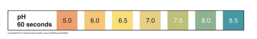 <ul><li><p>normal urine pH: 4.5 - 8.0 </p></li><li><p>double indicator system</p><ul><li><p>enables pad to produce readings over natural range of urine pH - SENSITIVE TO H+ IONS</p></li><li><p>methyl red = acid indicator </p></li><li><p>bromthymol blue = alkaline indicator</p><ul><li><p>we read a combined color change </p></li></ul></li></ul></li></ul><p></p>