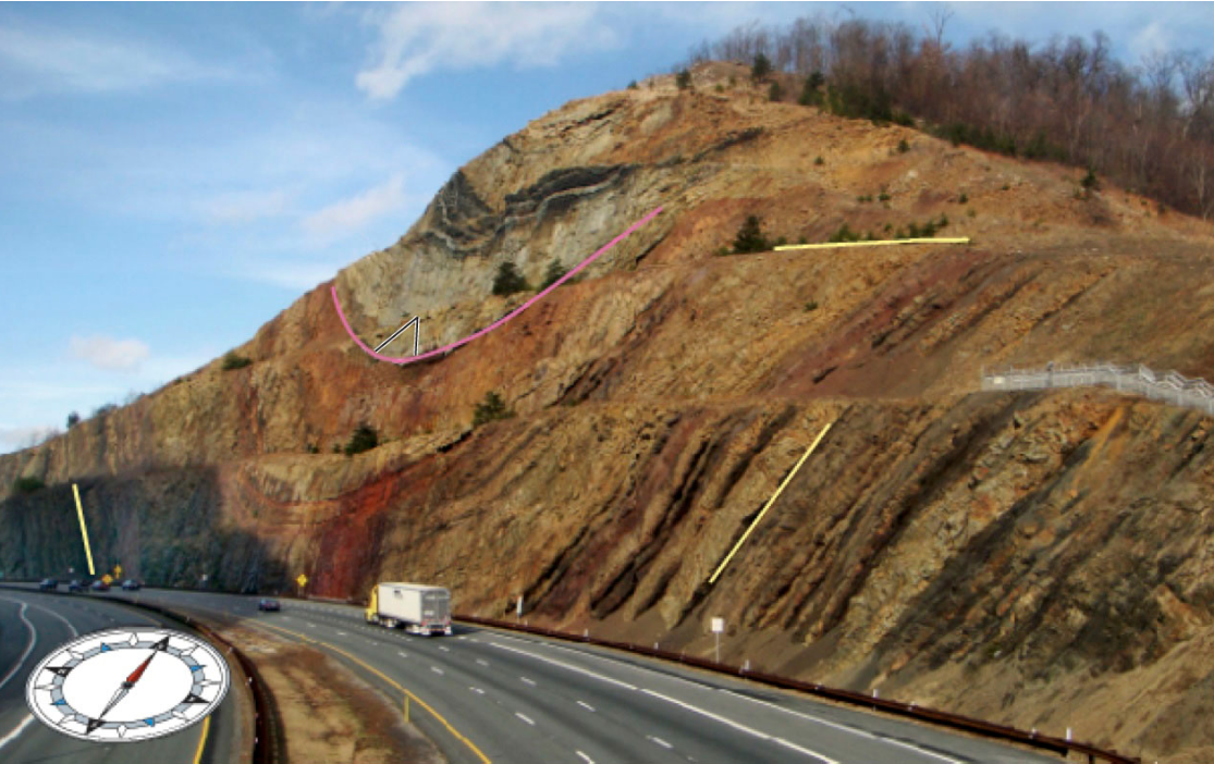 <p><span>Sideling Hill, in western Maryland, is a northeast-southwest-trending ridge underlain by Paleozoic sandstone, shale, and coal. This fold formed due to the collision of Africa with North America. Note that the compass shown over the highway points approximately north. What kind of fold is this?</span></p>