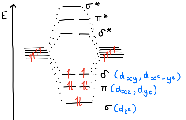 <p>The formation of quadruple bonds decreases the bond distance from around 3 A (single bond) to 2 A.</p><ul><li><p>The sigma, pi and delta bonding orbitals are all occupied.</p></li></ul><p></p>