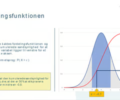 <p>Fordelingsfunktionen (CDF)</p><p>Viser sandsynligheden for, at en værdi er <strong>mindre end eller lig med</strong> en bestemt x-værdi:</p><p><strong>Fordelingsfunktionen (CDF) - Fordelingsfunktionen (CDF) - Fordelingsfunktionen (CDF) - P(X ≤ x)</strong></p><p></p><p><span data-name="red_circle" data-type="emoji">🔴</span> Den røde kurve viser den <strong>kumulerede sandsynlighed</strong> frem til x.<span data-name="bar_chart" data-type="emoji">📊</span> Vi bruger den til at finde sandsynligheder for forskellige værdier og intervaller.</p><p></p><p>Eksempel: Ved x = -0,5 er den kumulerede sandsynlighed 30 %. Det betyder, at 30 % af observationerne ligger til venstre for -0,5.</p>