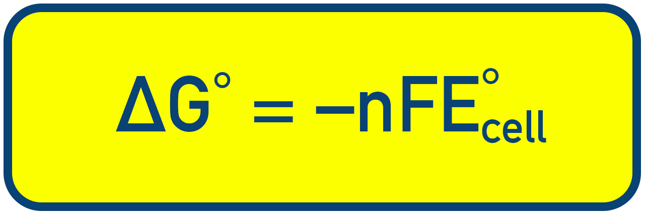 <ul><li><p><span>n = number of electrons transferred</span></p></li><li><p><span>F = Faraday's constant (will be given but is 96.5 kJ mol-1 V-1)</span></p></li><li><p><span>E = difference in reduction potential</span></p></li></ul><p></p>