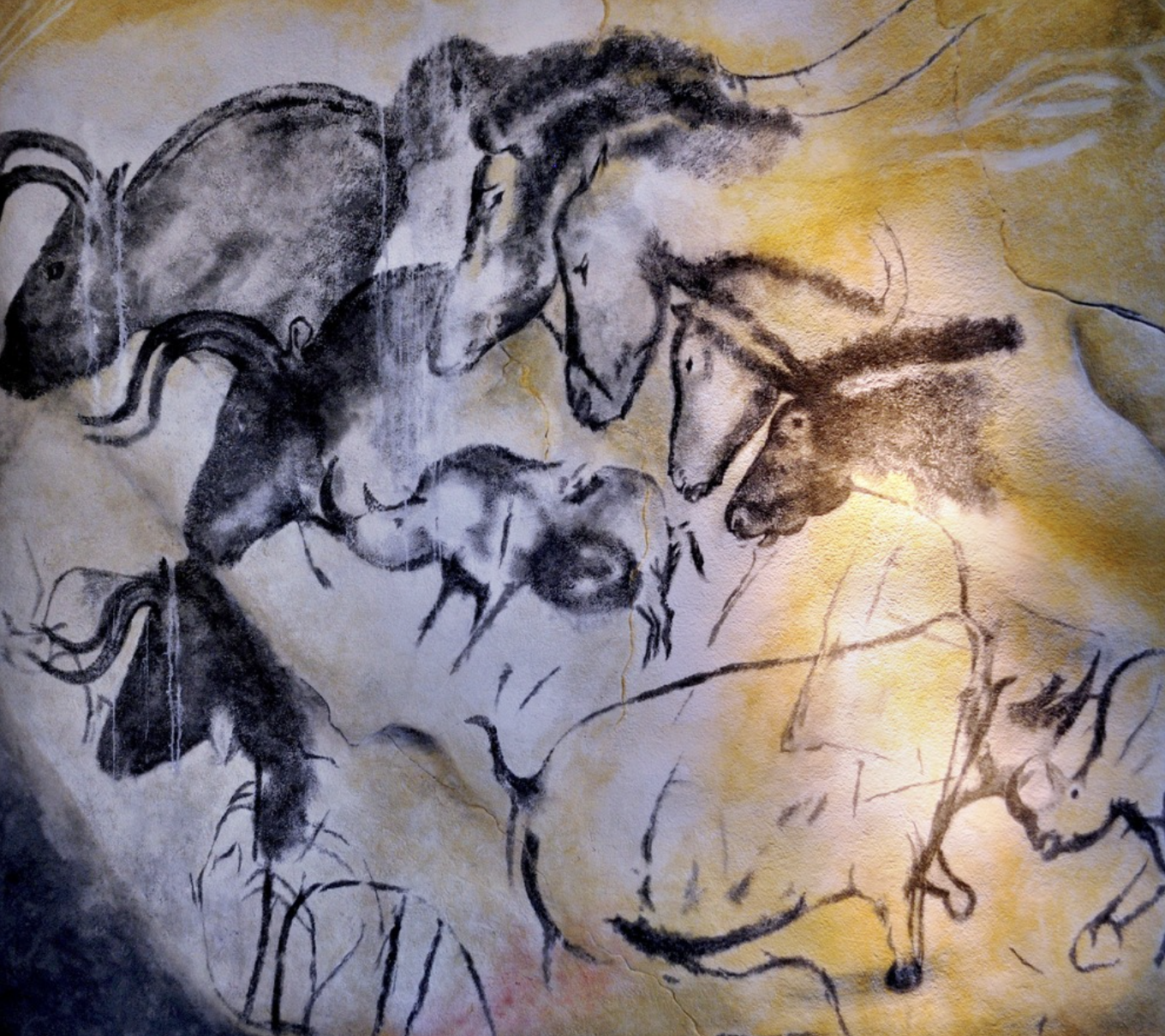 <p>Chauvet cave, Ardèche, France: Lions, rhinos, bears, 30,000BCE</p><p>known for its prehistoric paintings of lions, rhinos, and bears</p>