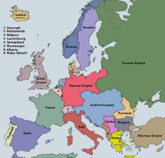 <p>England, France, Russia, Germany, Italy, and Austria-Hungary</p>