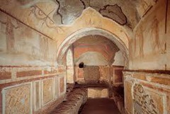 <p>Form:</p><p>- excavated tufa and fresco</p><p>-figures flat and with less detail (roman painting style)</p><p>-passageways underneath city of Rome, 100 miles long</p><p>-pendentives with picture</p><p>Content:</p><p>-shelves for bodies; wealthier people: sarcophagus</p><p>-scenes of New and old Testament</p><p>-curriculum </p><p>-Good Shepherd Fresco</p><p>-orants figure: arms stretched out</p><p>Function:</p><p>-tombs of poor and wealthy for 1000s of people</p><p>-poor people has body one on top of the other</p><p>Context:</p><p>- wealthy woman donated land for her family and other Christians to be buried</p><p>-3 stories deep</p><p>-Greek and Latin</p>