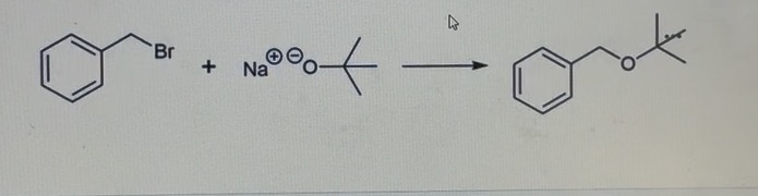 <p><span>Label the nucleophile and electrophile in this Williamson Ether Synthesis reaction. What reaction mechanism would this undergo?</span></p>