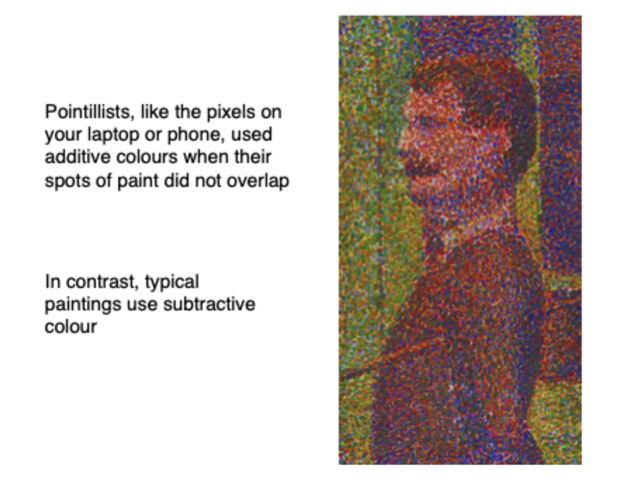 <ul><li><p>Used in paintings</p></li><li><p>Some art can use additive colour</p></li></ul><p></p>