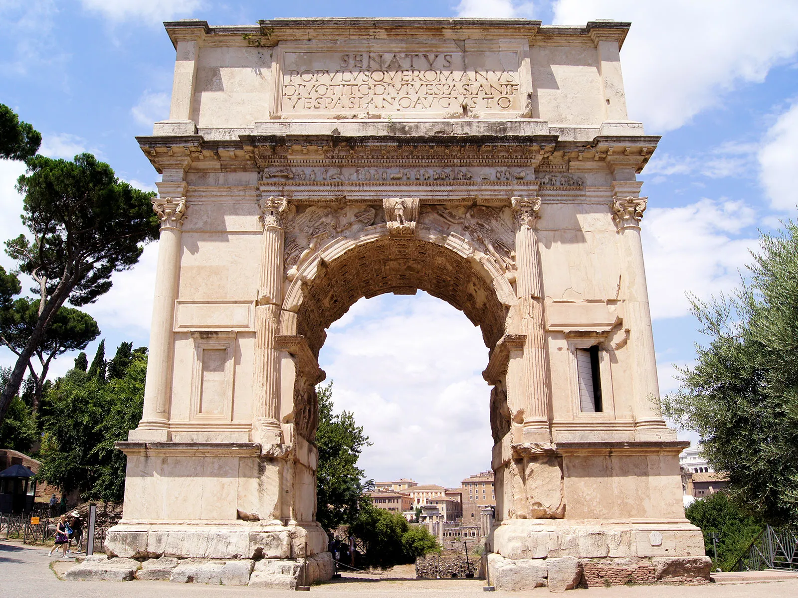 <ul><li><p>Arch of Titus and Roman Triumph</p></li><li><p>after 81 CE, Rome, Early Roman</p></li><li><p>marble</p></li><li><p>Roman triumphs were martial traditions, a parade that was so huge it elevated someone to quasi-divine status for an entire day. Connected the Flavians to the traditions of the Roman Republic, Emperor Augustus continued use of triumphal arch, even though he restructured triumph itself. Honored Titus posthumanously and a project executed by his younger brother/imperial successor, Domitian. Has an inscription that says “The Senate and Roman people dedicate this to the deified Titus…” which makes this a public dedication and reminds people of his also deified father. Subject matter on the flanking reliefs draws upon 71 CE triumph of Vespasian and Titus with the fall of Jerusalem, people would have passed under arch during triumph and have been reminded. </p></li></ul><p></p>