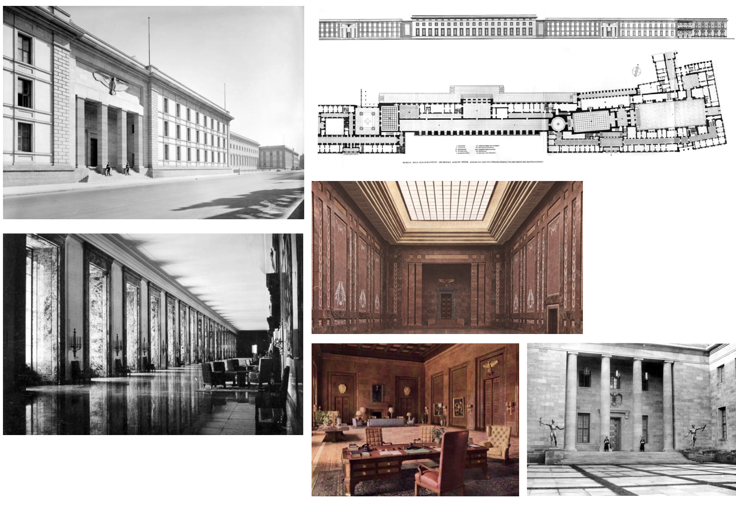 <p>Hitler decides the chancellery traditional rule of Germany is inefficient and commissions Speer to create spaces that represent government power. Constructed during the war. Very long walk in a hallway that leads to Hitler’s office, echoey space that makes you feel very small, evoking grandeur and feeling insignificant once you approach Hitler. Ancient roman imagery. Pharaonic scale to establish power imbalance between a common person and Hitler</p>