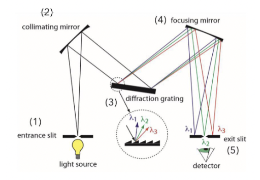 <p>all light sources produce a broad-spectrum white light (contains various wavelength that can be separated)</p><ul><li><p>white light entering this is extracted to a selected wavelength band</p></li><li><p>ideally, output from monochromator is light of a single wavelength (ex. green is 540 nm)</p></li><li><p><strong>The smaller the wavelength band, the better the resolution (but signal will be lower)</strong></p></li></ul><p></p><p>Monochromators consist of:</p><ul><li><p>an entrance slit</p></li><li><p>a dispersion device to spread light into different wavelengths (like a rainbow) (prism or diffraction grating) and allow selection of band of wavelengths</p></li><li><p>an exit slit where light of wavelengths passes through and onto sample</p></li></ul><p></p>
