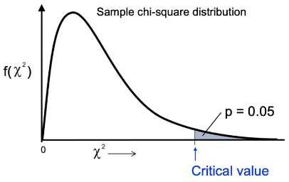 <p>a probability distribution function, similar to normal distribution</p><p>A chi-square statistic that falls to the right of p = 0.05 boundary indicates significant results and means the null hypothesis is rejected.</p>
