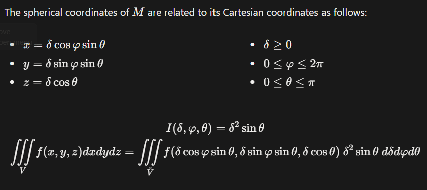 <p>The spherical coordinates of a point $M(x,y,z)$ are defined by three numbers:</p><ul><li><p>$\delta$ is the length of the radius vector to the point $M$.</p></li><li><p>$\varphi$ is the angle between the $x$-axis and the projection of the radius vector onto the $xOy$-plane.</p></li><li><p>$\theta$ is the angle between the radius vector and the positive direction of the $z$-axis.</p></li></ul><p></p>
