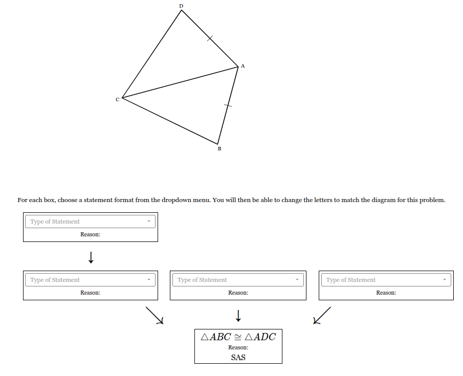 <p>Given <span style="font-family: KaTeX_Main, "Times New Roman", serif; line-height: 1.2; font-size: 1.21em;"><em>AC</em></span> is the angle bisector of <span style="font-family: KaTeX_Main, "Times New Roman", serif; line-height: 1.2; font-size: 1.21em;">∠<em>BAD</em></span>, complete the flowchart proof below. Note that the last statement <strong>and reason</strong> have both been filled in for you.</p>